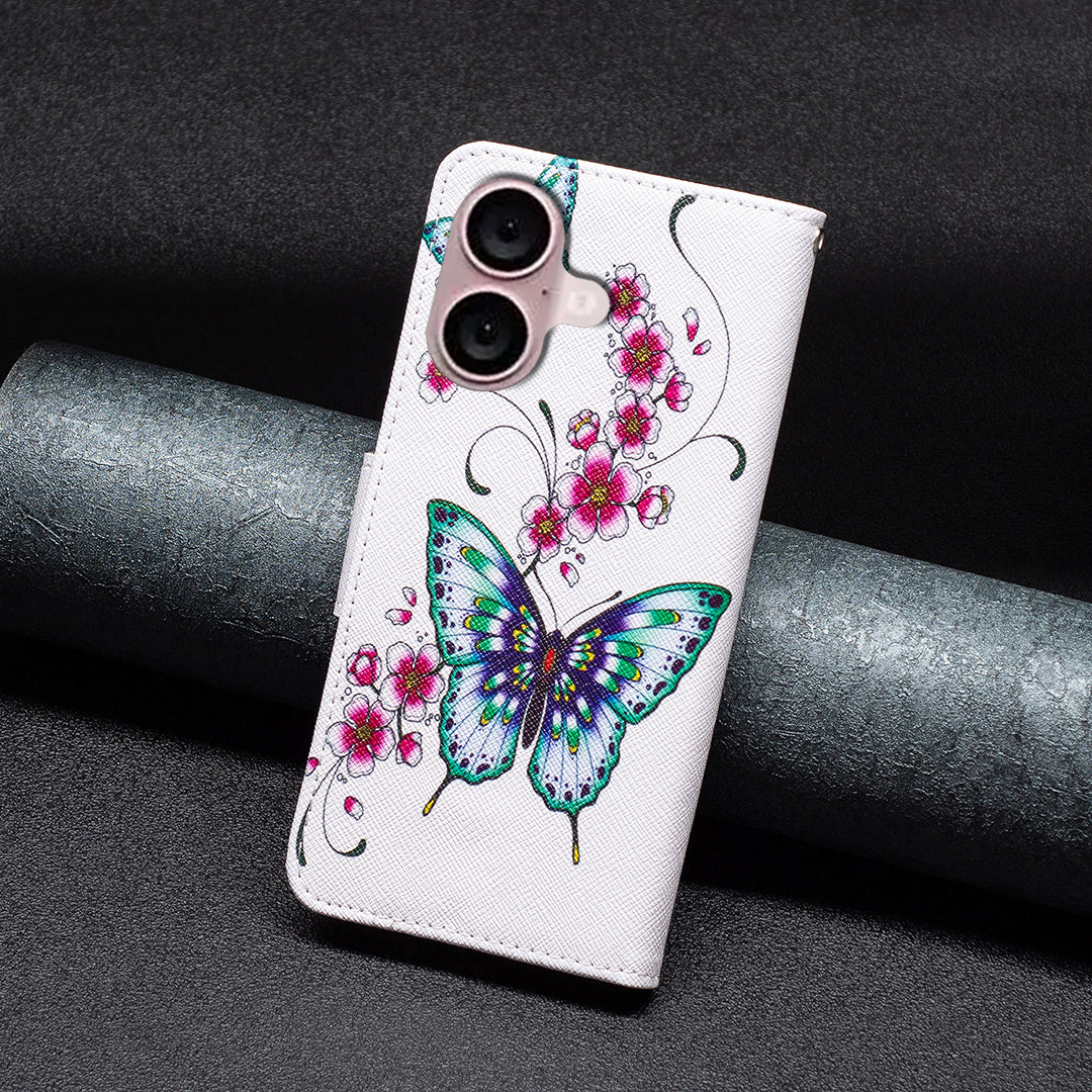 For iPhone 16 Case Pattern Printing Wallet Leather Flip Phone Cover - Peach Blossom and Butterflies