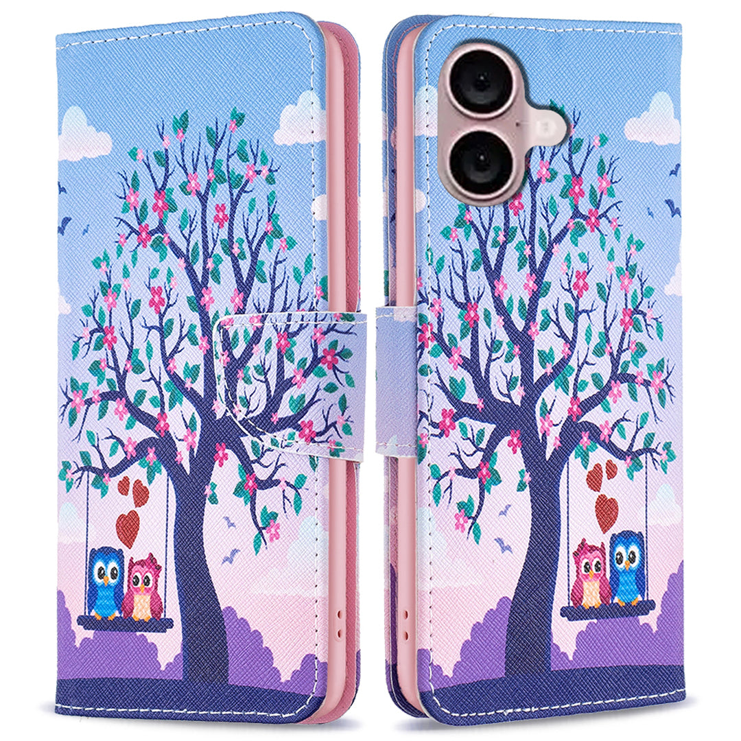 For iPhone 16 Case Pattern Printing Wallet Leather Flip Phone Cover - Two Owls