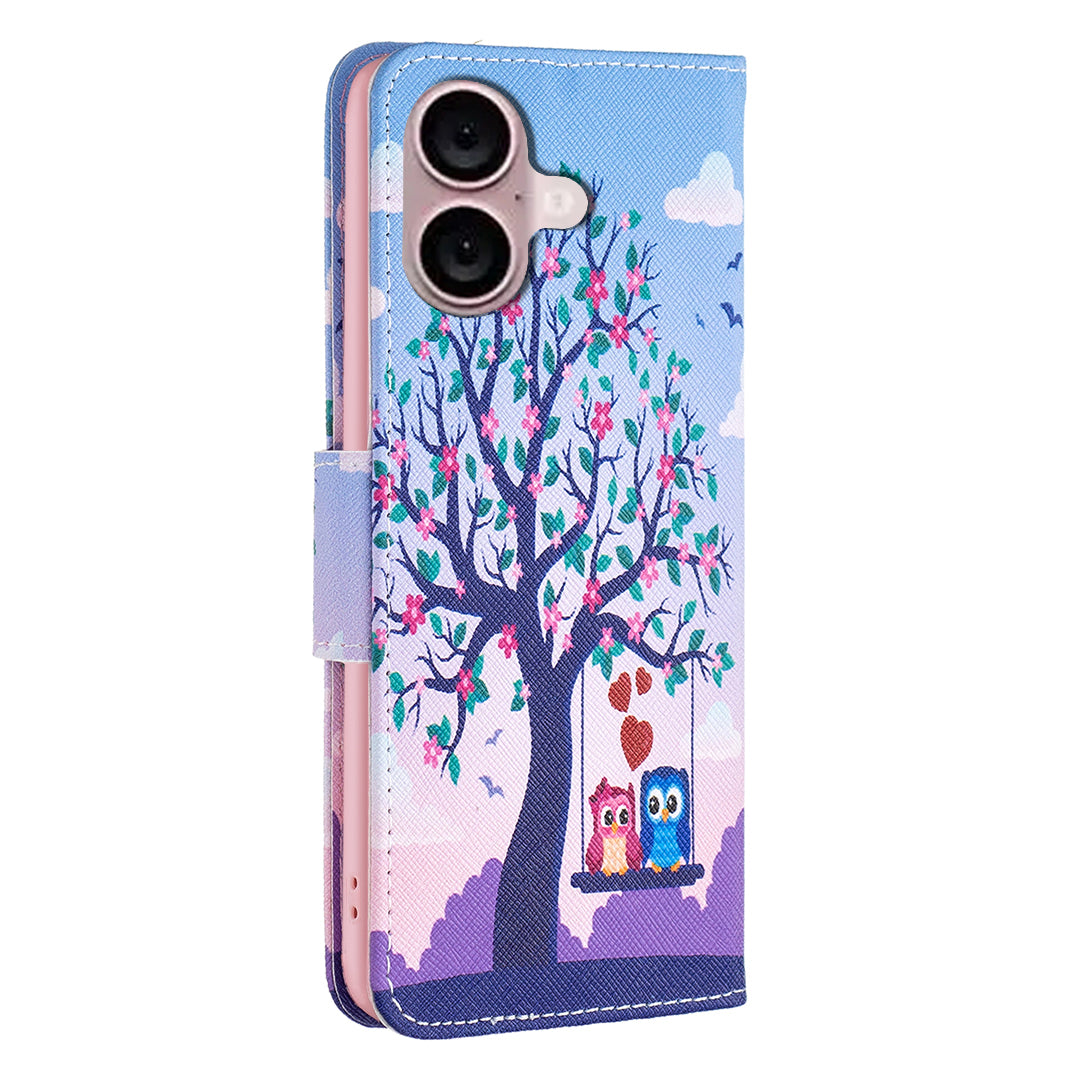 For iPhone 16 Case Pattern Printing Wallet Leather Flip Phone Cover - Two Owls