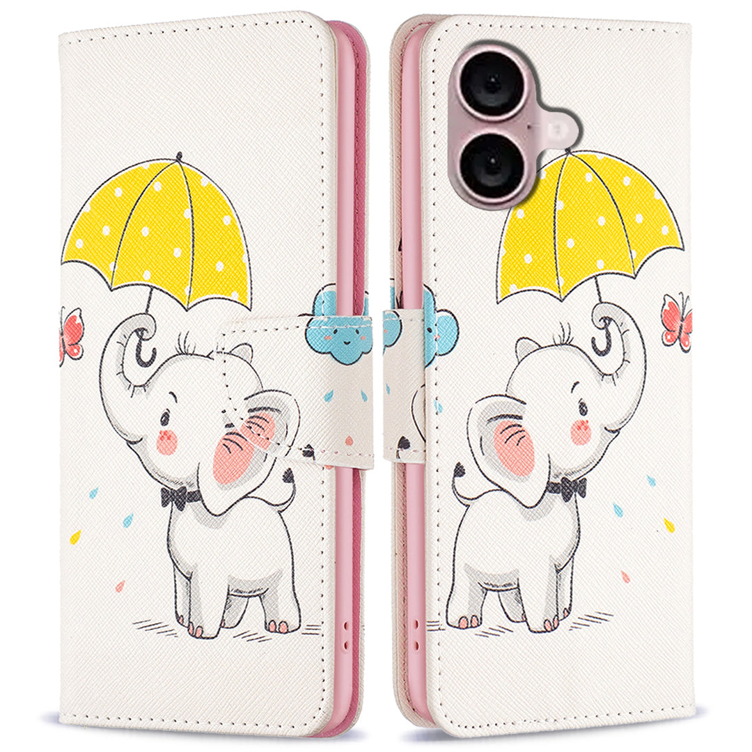 For iPhone 16 Case Pattern Printing Wallet Leather Flip Phone Cover - Umbrella and Elephant