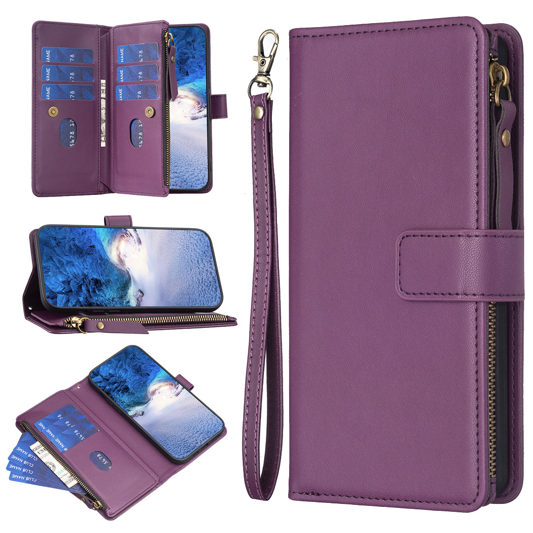 BF Style-19 for iPhone 16 Plus Zipper PU Leather Phone Case Flip Wallet Phone Stand Cover - Dark Purple