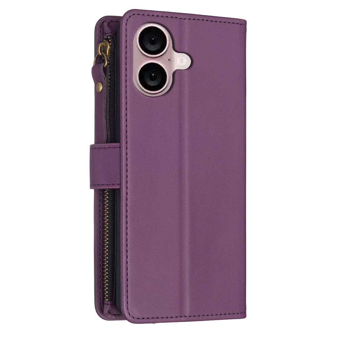 BF Style-19 for iPhone 16 Plus Zipper PU Leather Phone Case Flip Wallet Phone Stand Cover - Dark Purple