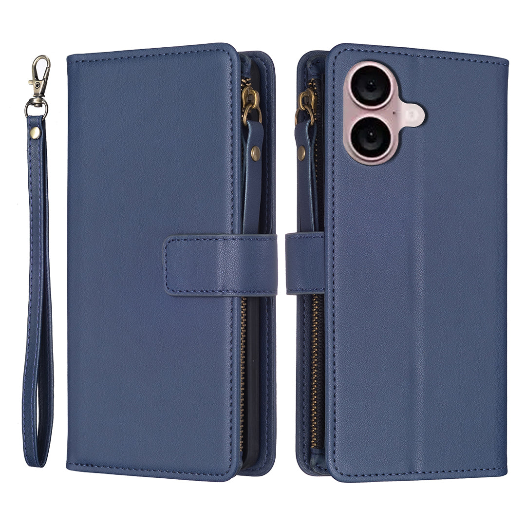 BF Style-19 for iPhone 16 Zipper Leather Case Anti-scratch Flip Wallet Phone Cover - Blue