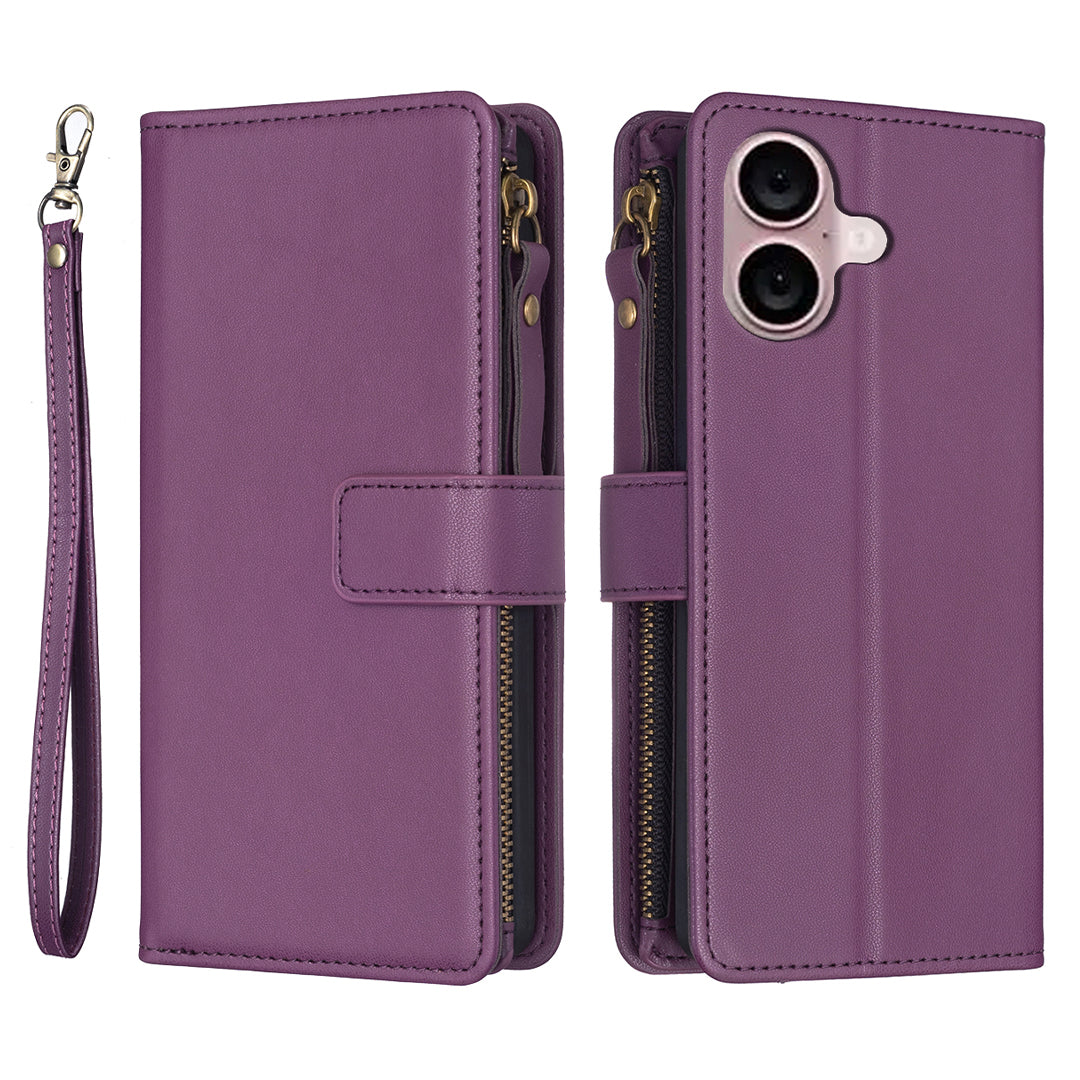 BF Style-19 for iPhone 16 Zipper Leather Case Anti-scratch Flip Wallet Phone Cover - Dark Purple