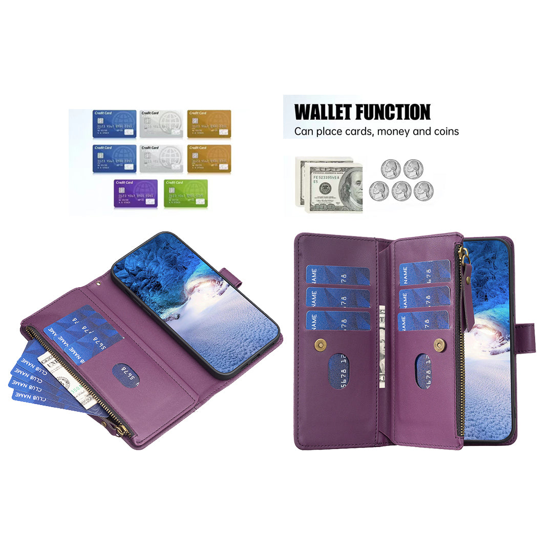 BF Style-19 for iPhone 16 Zipper Leather Case Anti-scratch Flip Wallet Phone Cover - Dark Purple