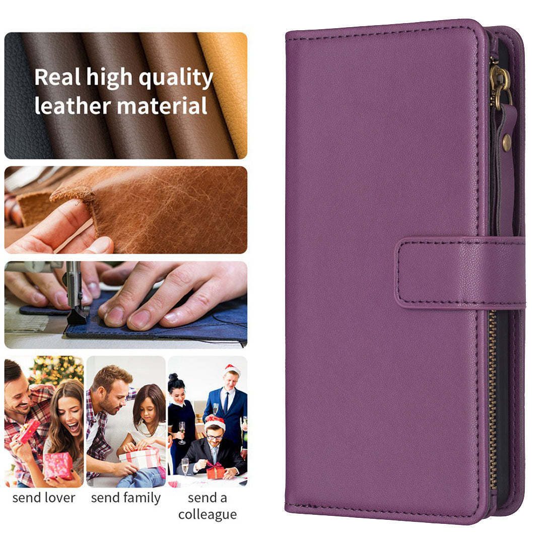 BF Style-19 for iPhone 16 Zipper Leather Case Anti-scratch Flip Wallet Phone Cover - Dark Purple