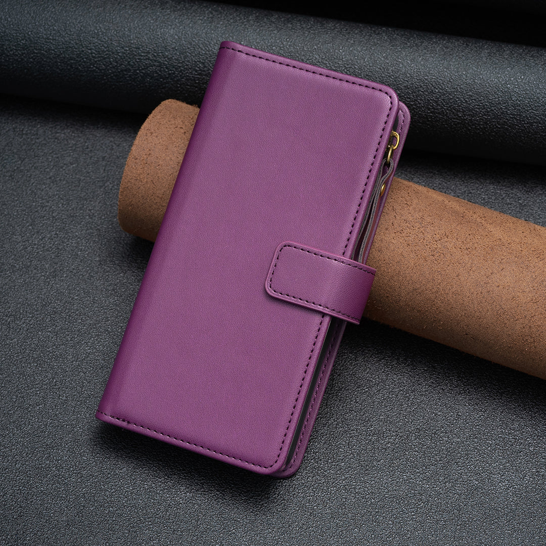 BF Style-19 for iPhone 16 Zipper Leather Case Anti-scratch Flip Wallet Phone Cover - Dark Purple