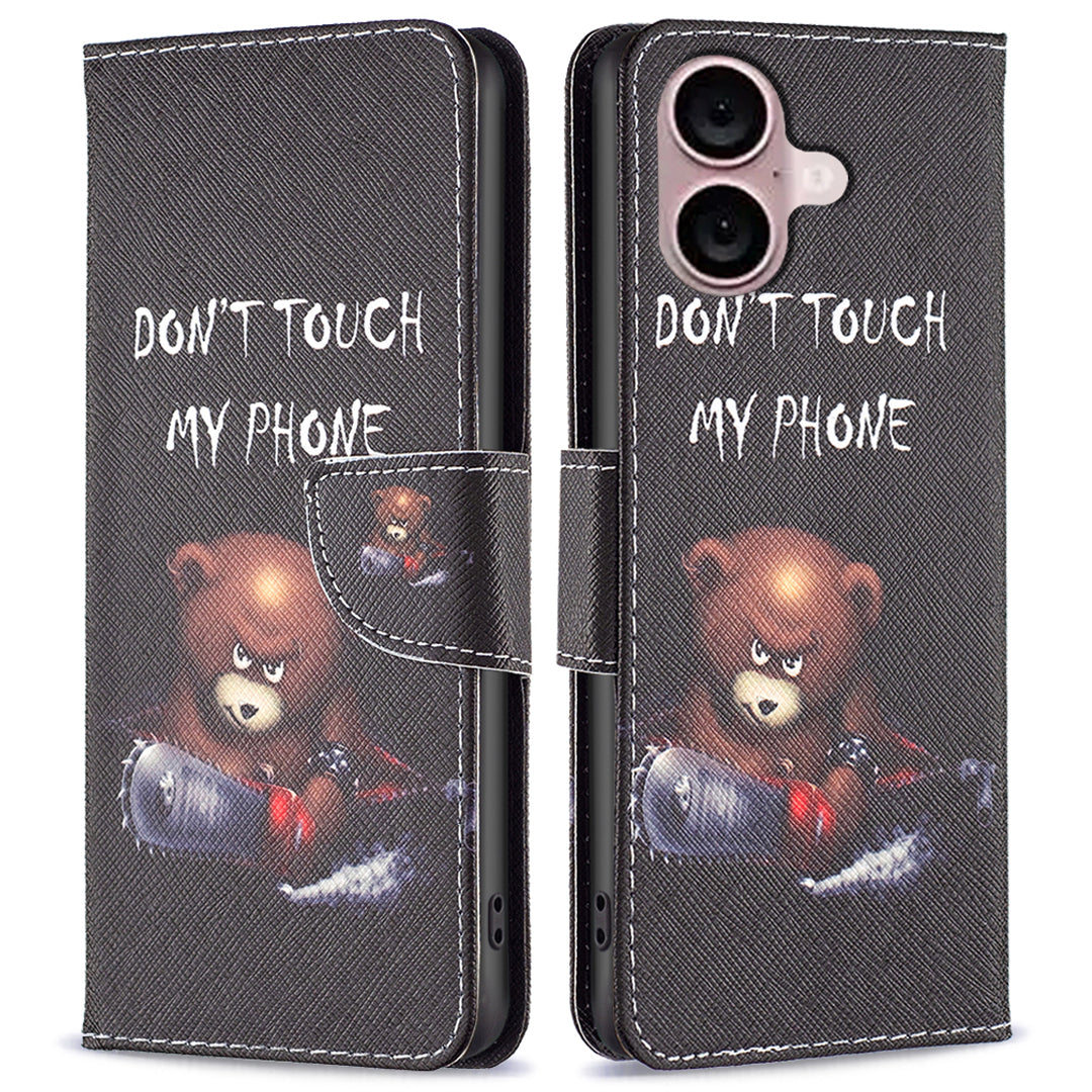 For iPhone 16 Plus Leather Case Pattern Printing Wallet Stand Anti-Fall Phone Cover - Bear