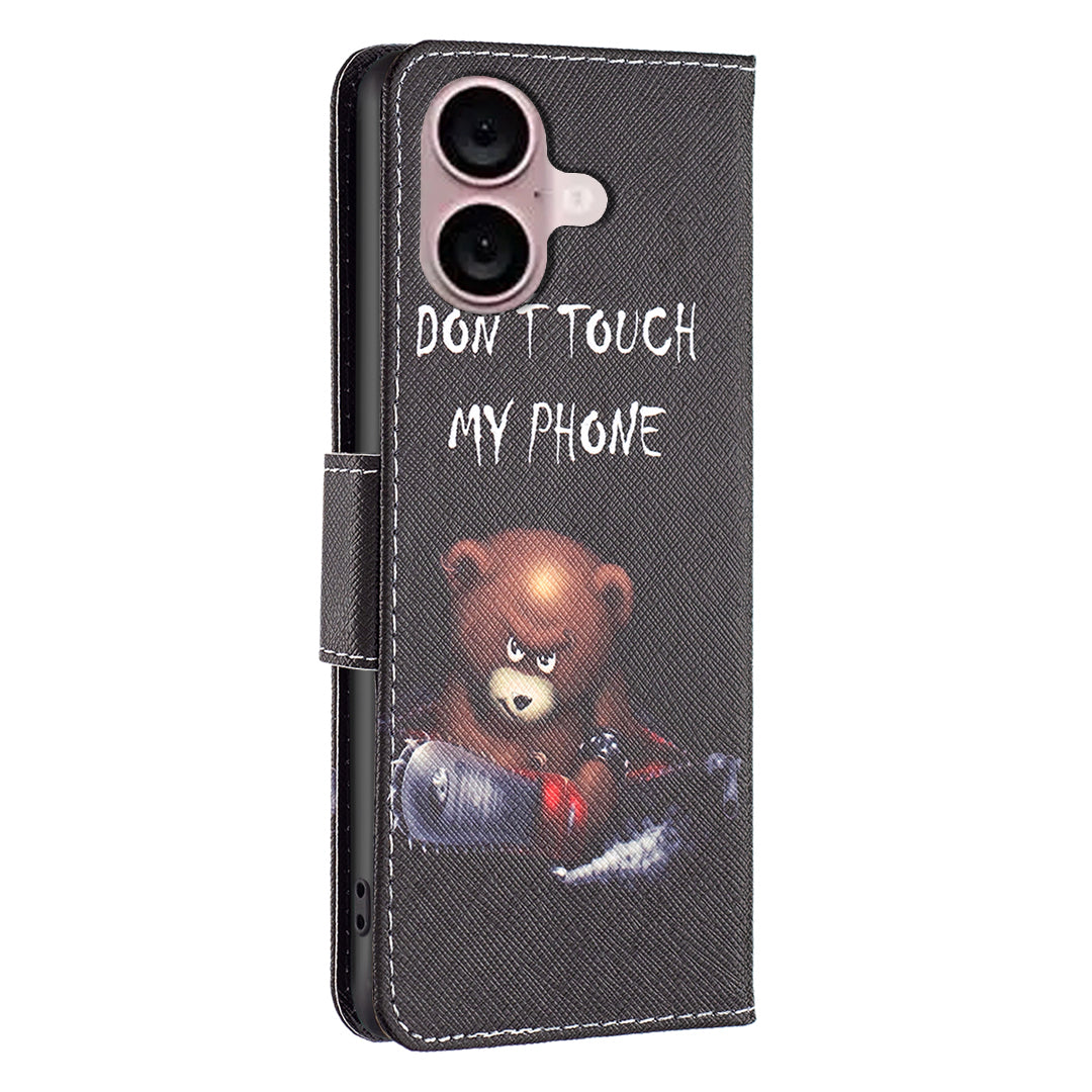 For iPhone 16 Plus Leather Case Pattern Printing Wallet Stand Anti-Fall Phone Cover - Bear