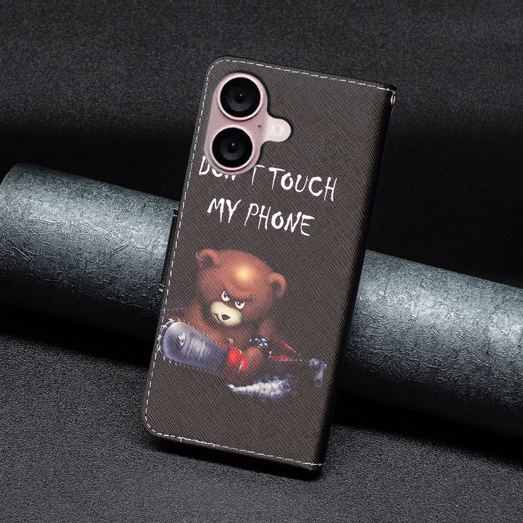 For iPhone 16 Plus Leather Case Pattern Printing Wallet Stand Anti-Fall Phone Cover - Bear