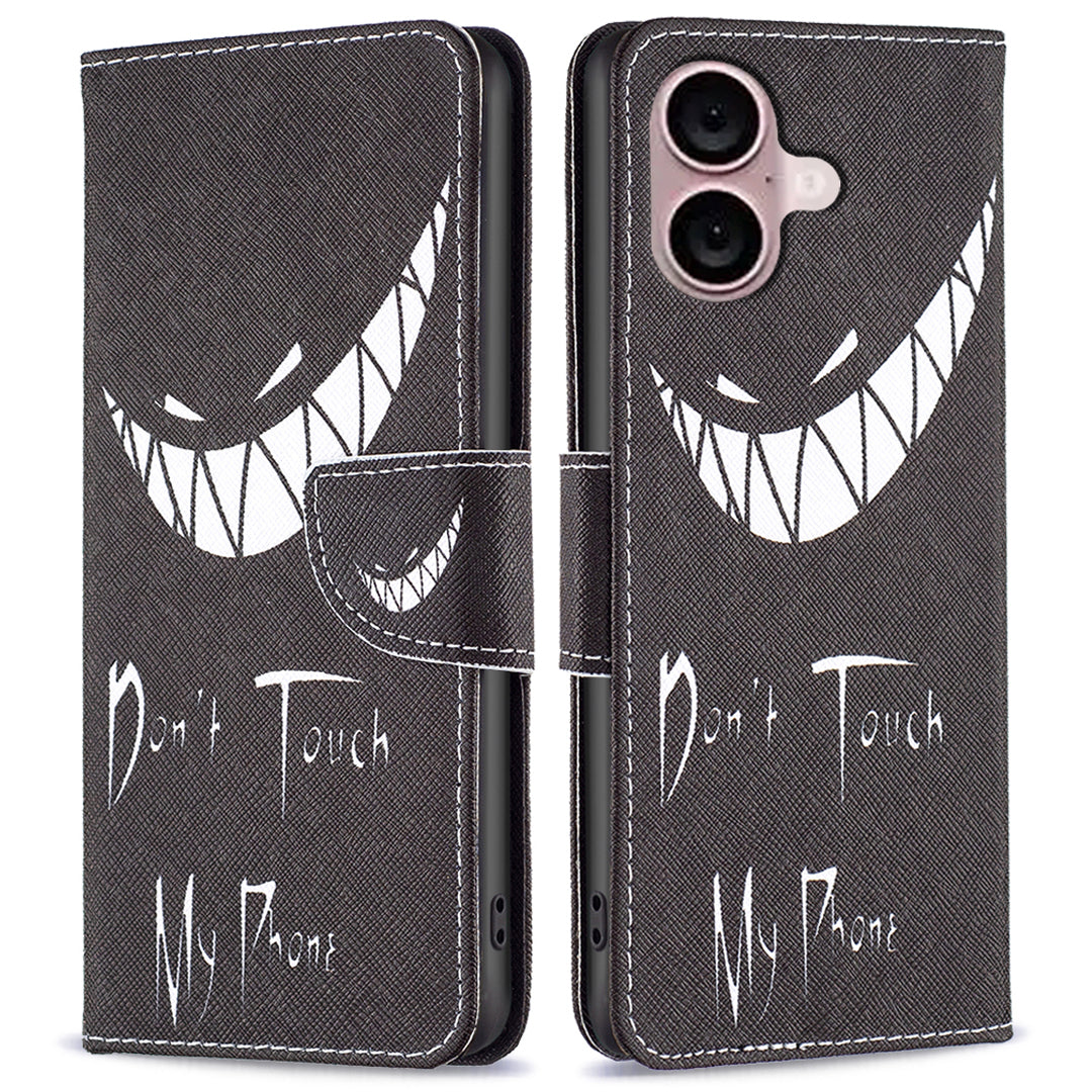 For iPhone 16 Plus Leather Case Pattern Printing Wallet Stand Anti-fall Phone Cover - Don't Touch My Phone