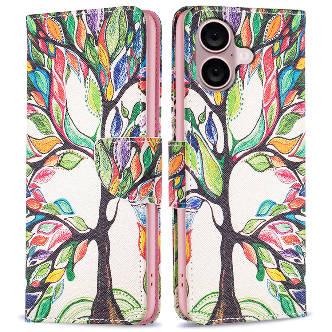 For iPhone 16 Plus Leather Case Pattern Printing Wallet Stand Anti-fall Phone Cover - Life Tree