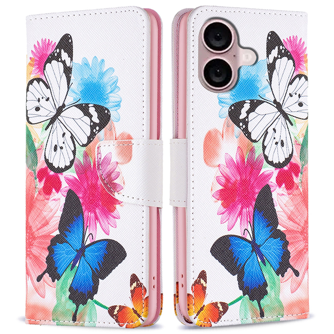 For iPhone 16 Plus Leather Case Pattern Printing Wallet Stand Anti-fall Phone Cover - Two Butterflies