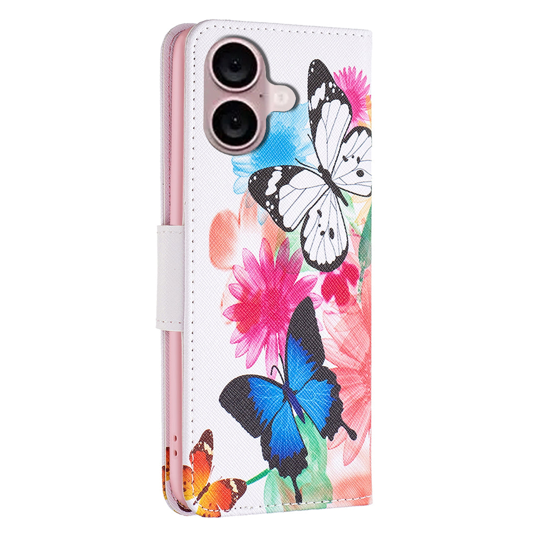 For iPhone 16 Plus Leather Case Pattern Printing Wallet Stand Anti-fall Phone Cover - Two Butterflies