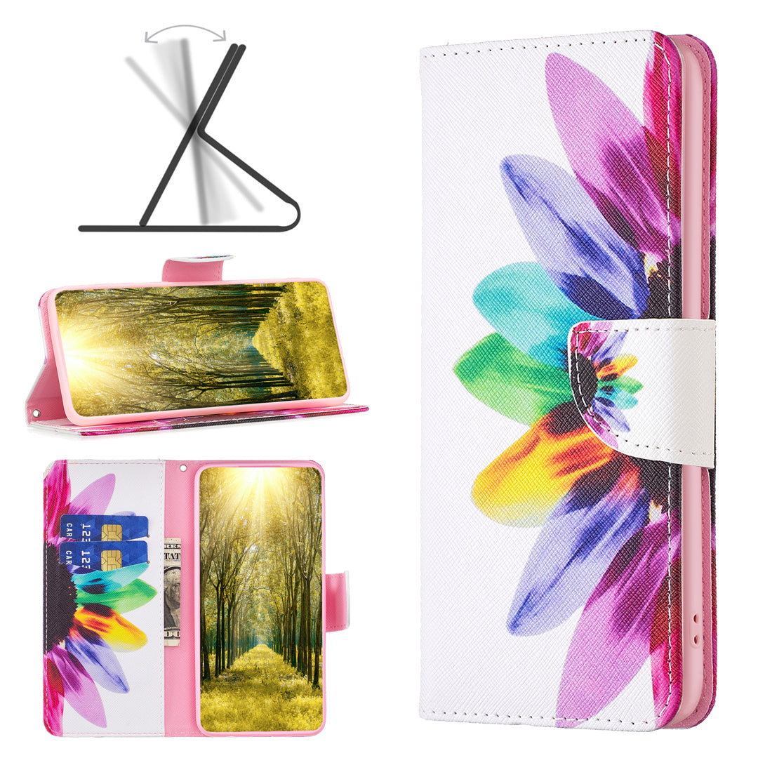 For iPhone 16 Plus Leather Case Pattern Printing Wallet Stand Anti-fall Phone Cover - Sunflower