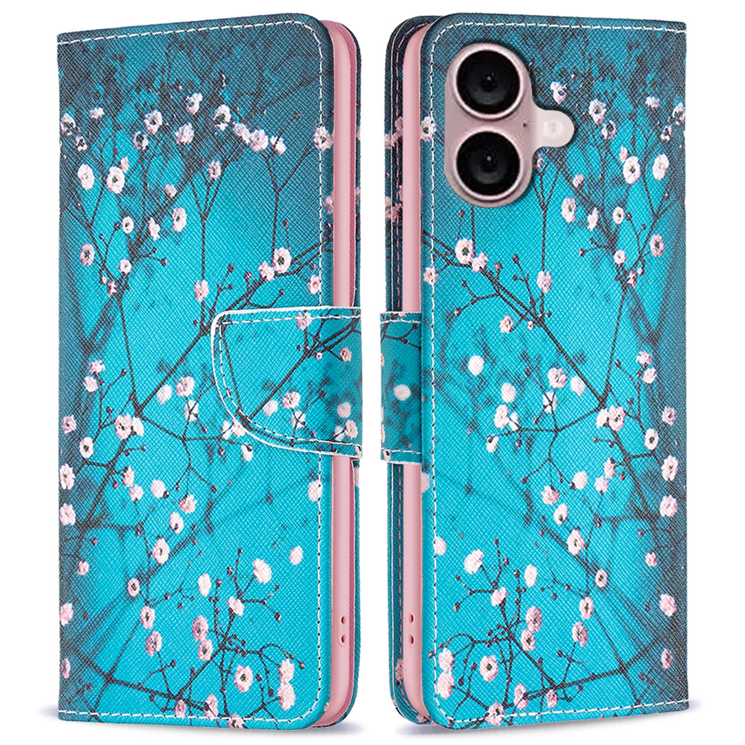 For iPhone 16 Plus Leather Case Pattern Printing Wallet Stand Anti-fall Phone Cover - Plum Blossom