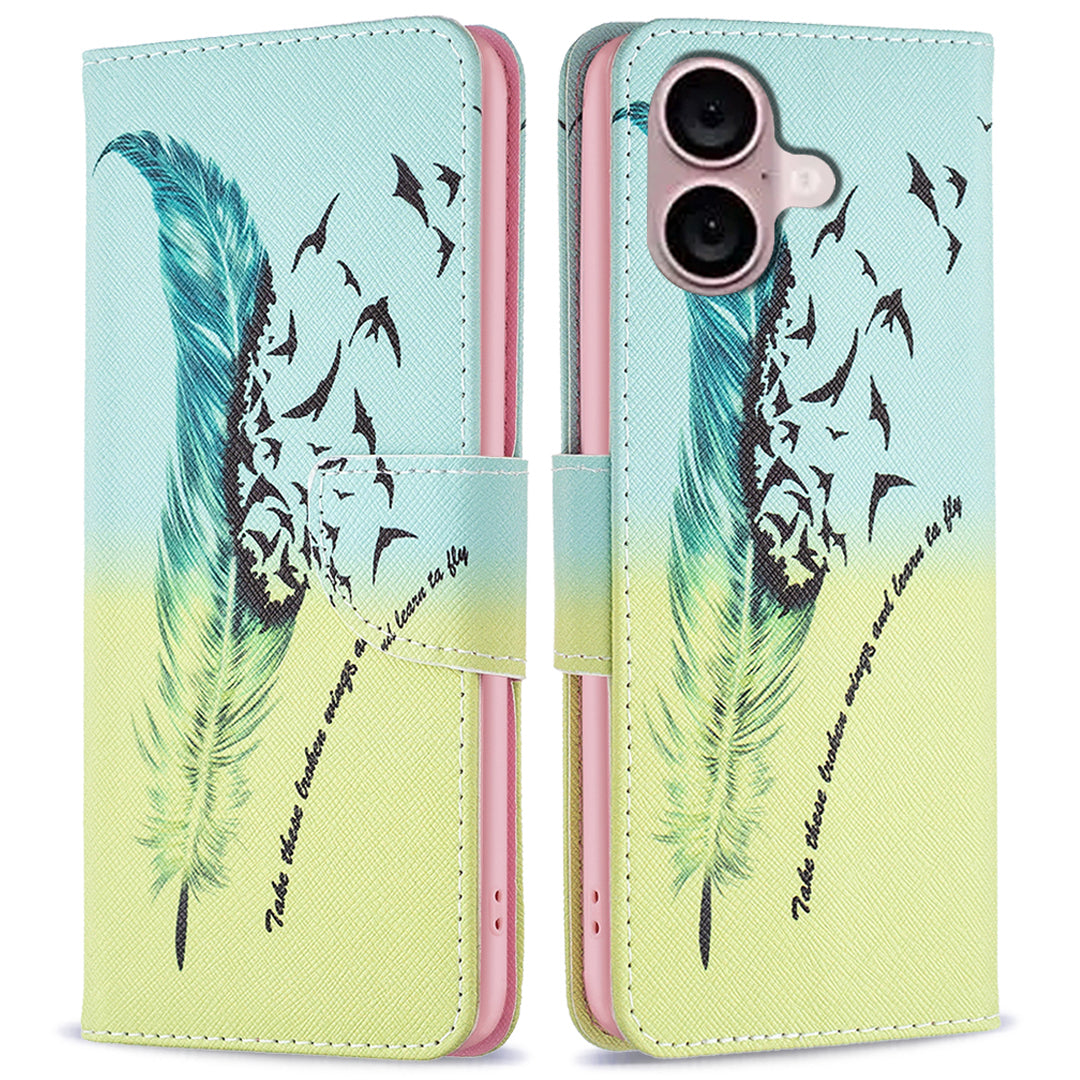 For iPhone 16 Plus Leather Case Pattern Printing Wallet Stand Anti-fall Phone Cover - Feather and Birds