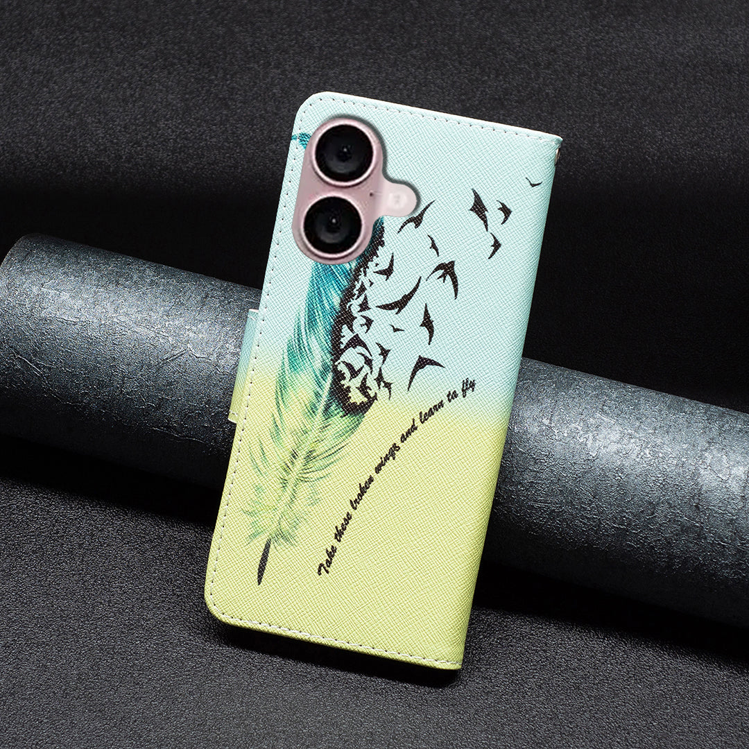 For iPhone 16 Plus Leather Case Pattern Printing Wallet Stand Anti-fall Phone Cover - Feather and Birds