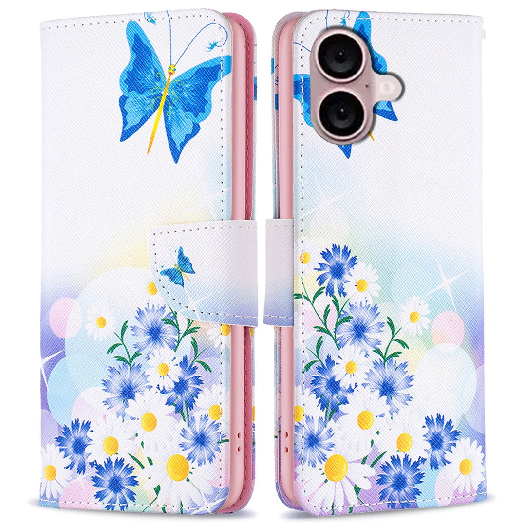 For iPhone 16 Plus Leather Case Pattern Printing Wallet Stand Anti-fall Phone Cover - Butterfly and Flowers