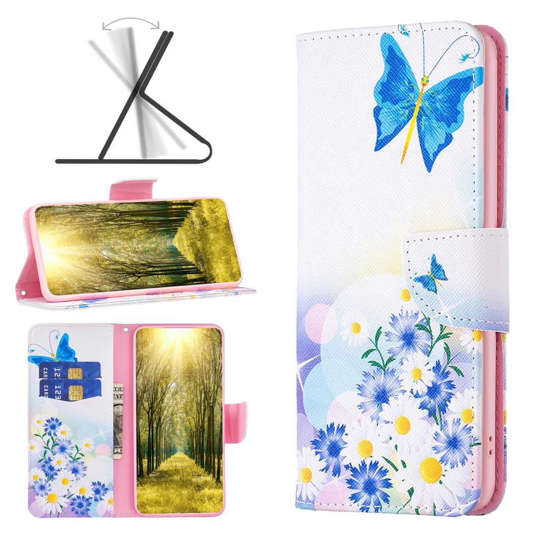 For iPhone 16 Plus Leather Case Pattern Printing Wallet Stand Anti-fall Phone Cover - Butterfly and Flowers