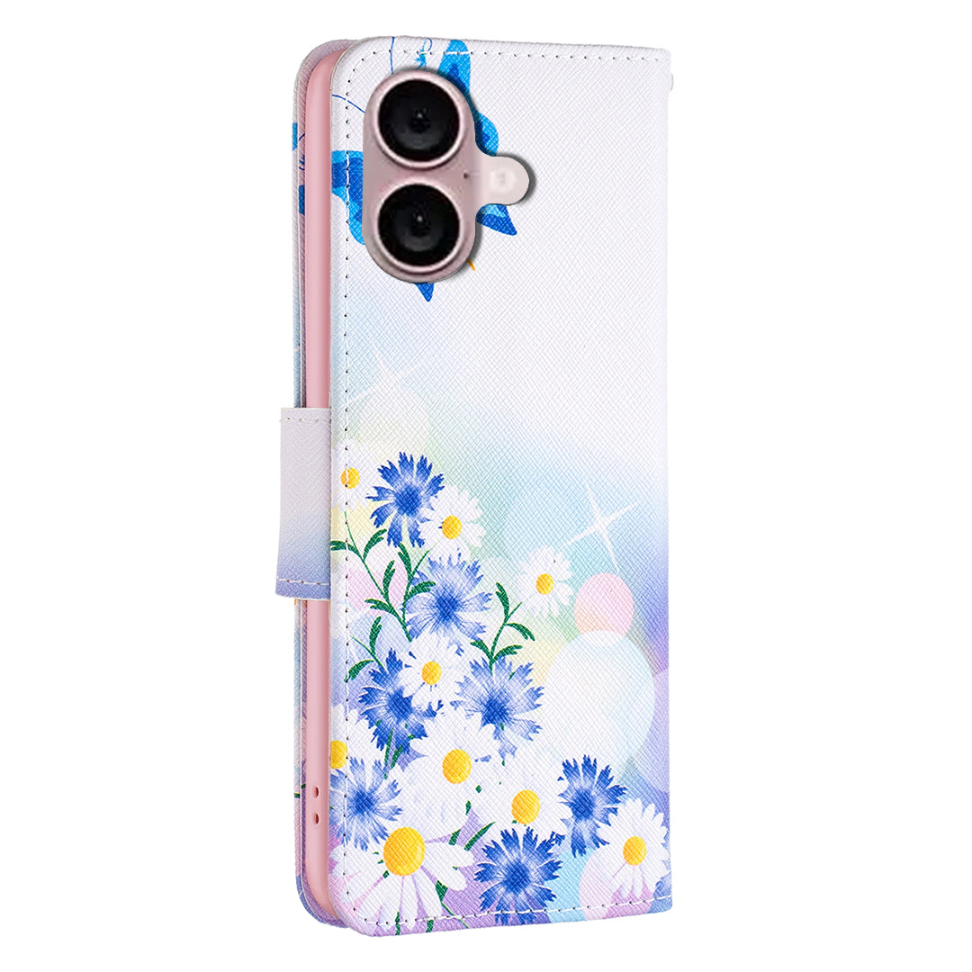 For iPhone 16 Plus Leather Case Pattern Printing Wallet Stand Anti-fall Phone Cover - Butterfly and Flowers