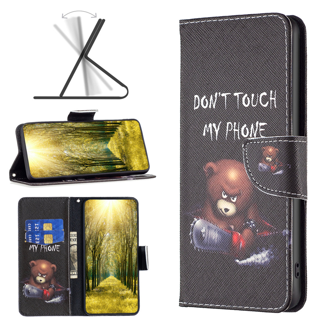 For iPhone 16 Leather Case Pattern Printing Wallet Stand Anti-Fall Phone Cover - Bear