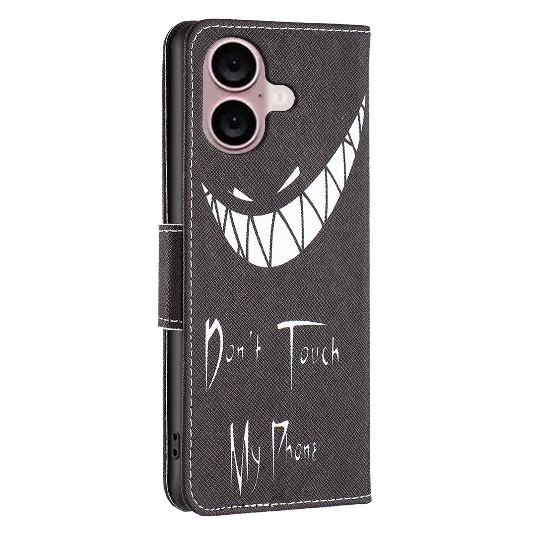 For iPhone 16 Leather Case Pattern Printing Wallet Stand Anti-Fall Phone Cover - Don't Touch My Phone