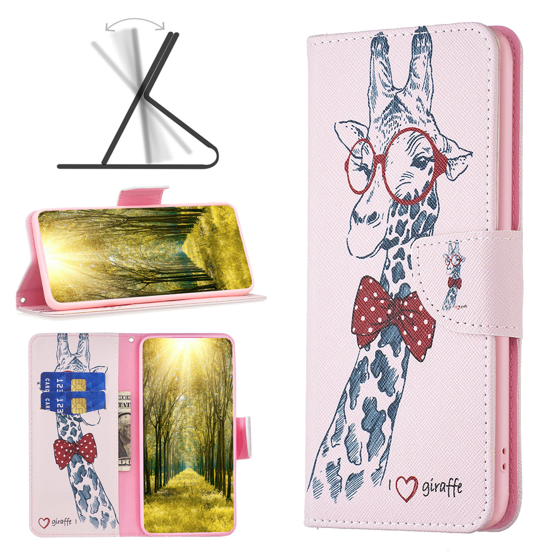 For iPhone 16 Leather Case Pattern Printing Wallet Stand Anti-Fall Phone Cover - Giraffe