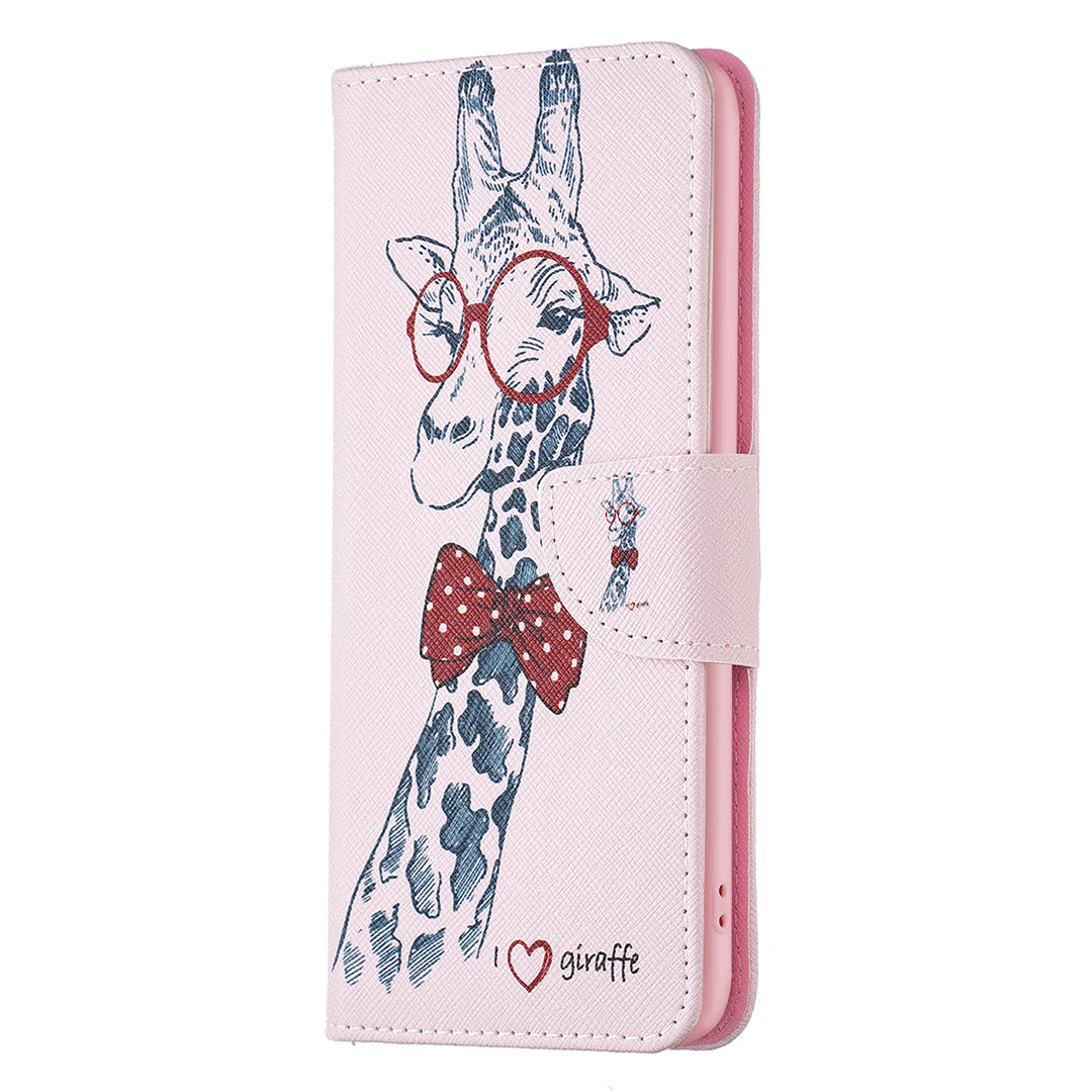 For iPhone 16 Leather Case Pattern Printing Wallet Stand Anti-Fall Phone Cover - Giraffe