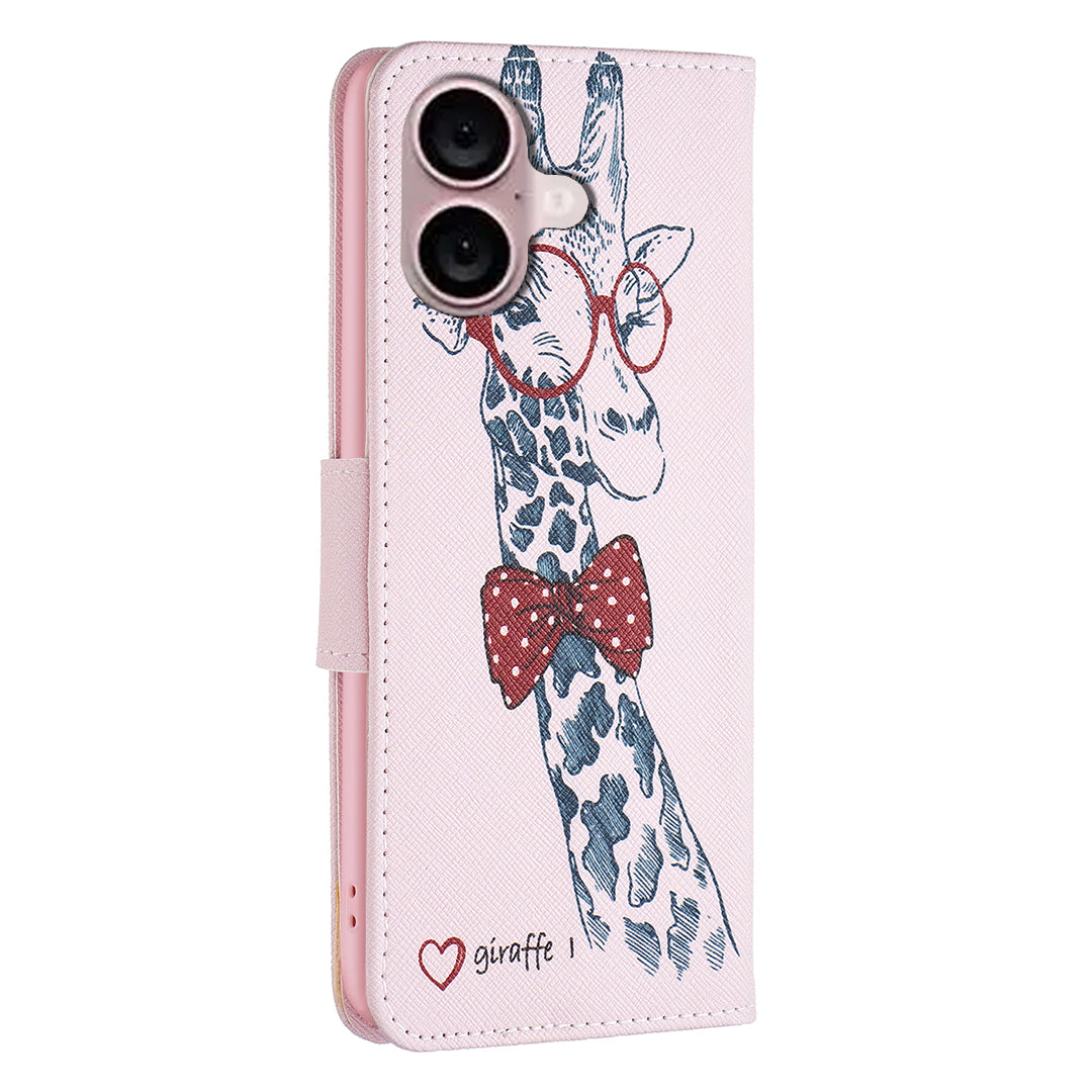 For iPhone 16 Leather Case Pattern Printing Wallet Stand Anti-Fall Phone Cover - Giraffe