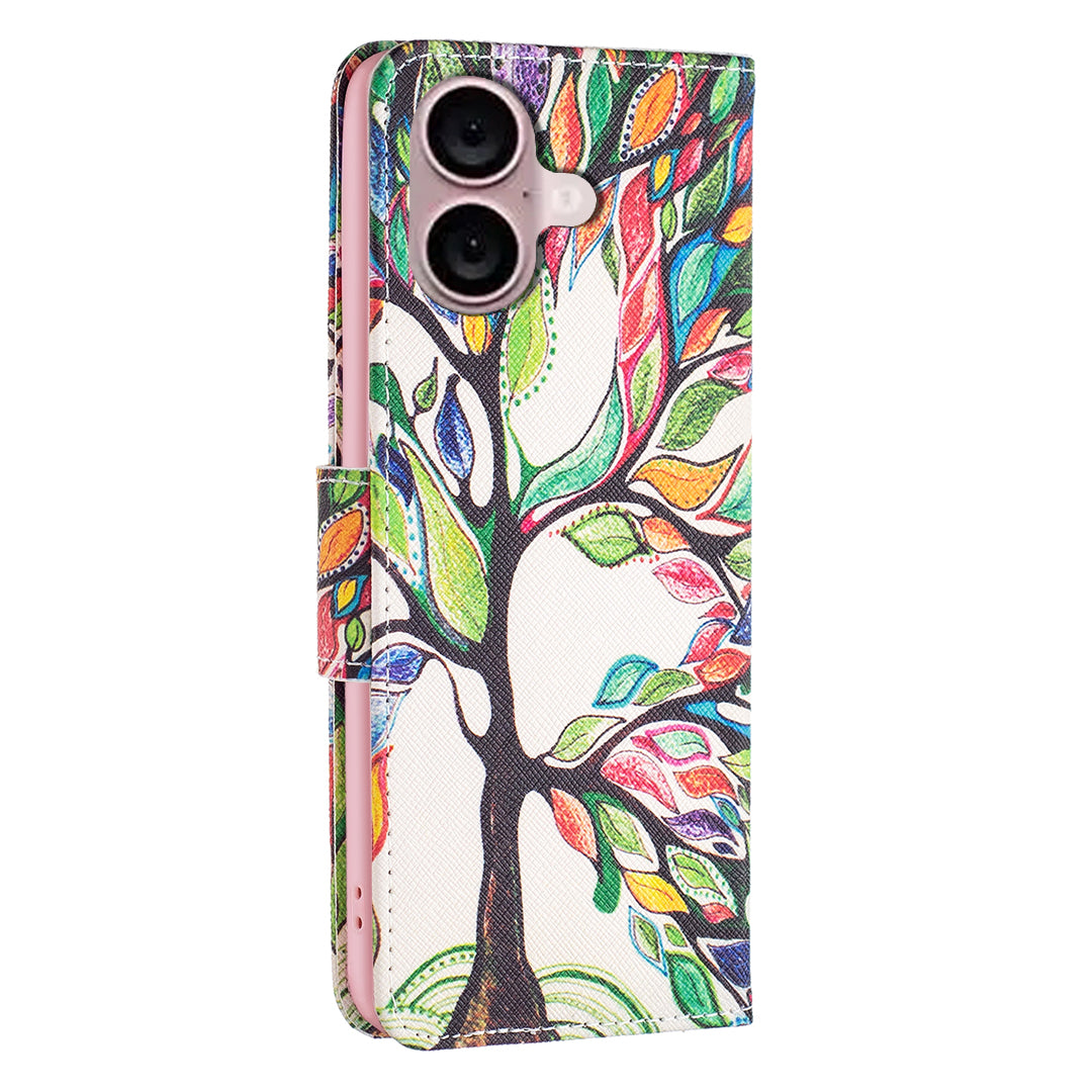 For iPhone 16 Leather Case Pattern Printing Wallet Stand Anti-Fall Phone Cover - Life Tree