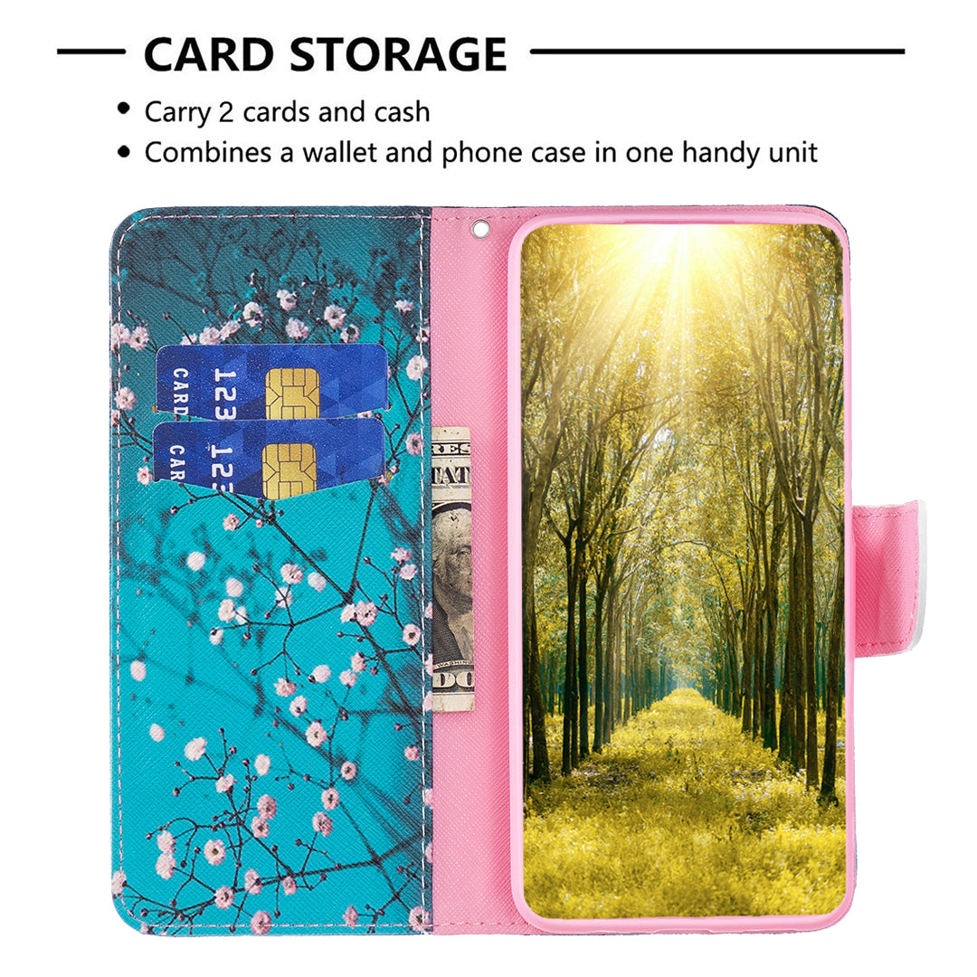 For iPhone 16 Leather Case Pattern Printing Wallet Stand Anti-Fall Phone Cover - Plum Blossom