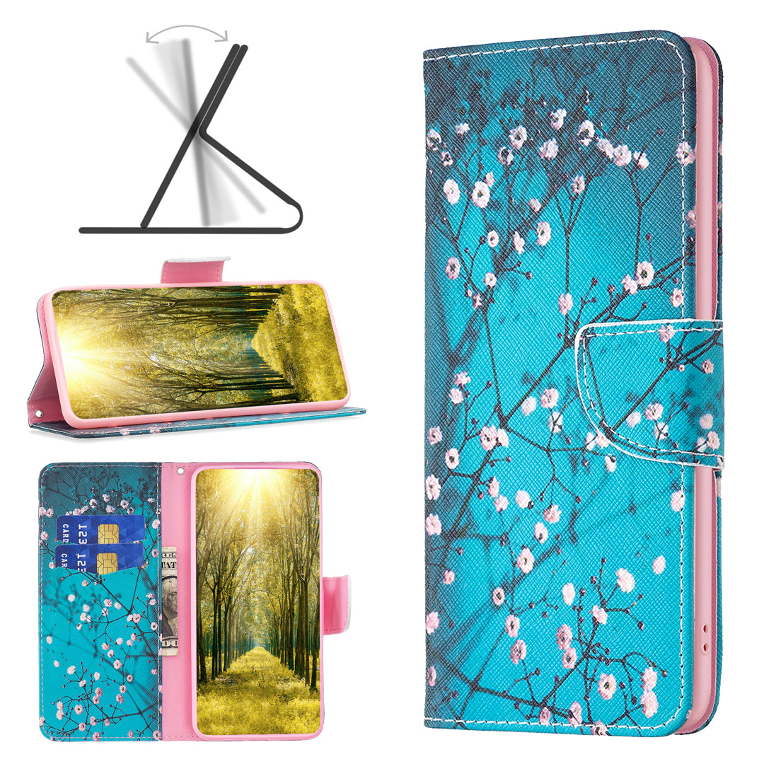 For iPhone 16 Leather Case Pattern Printing Wallet Stand Anti-Fall Phone Cover - Plum Blossom