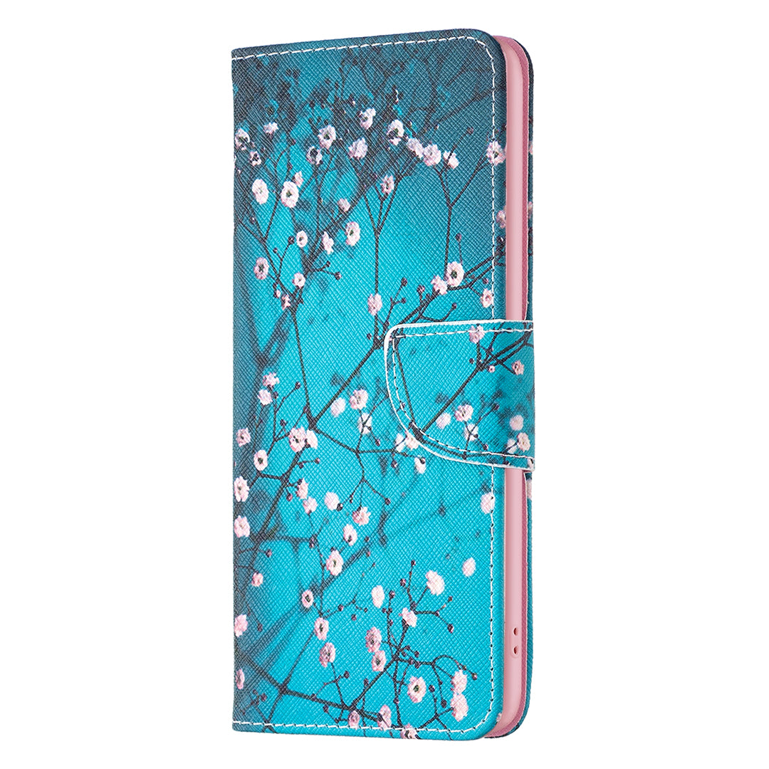 For iPhone 16 Leather Case Pattern Printing Wallet Stand Anti-Fall Phone Cover - Plum Blossom