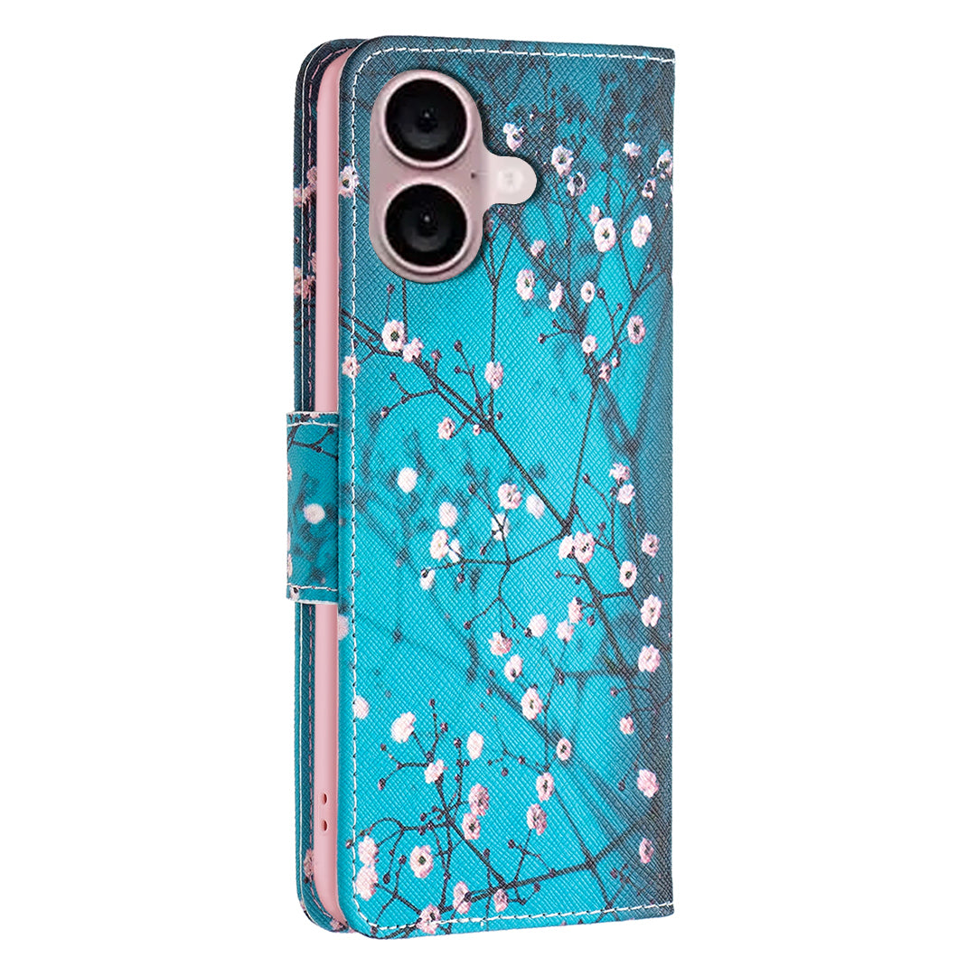 For iPhone 16 Leather Case Pattern Printing Wallet Stand Anti-Fall Phone Cover - Plum Blossom