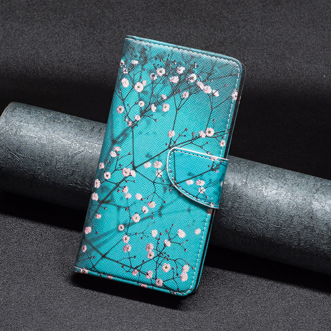 For iPhone 16 Leather Case Pattern Printing Wallet Stand Anti-Fall Phone Cover - Plum Blossom