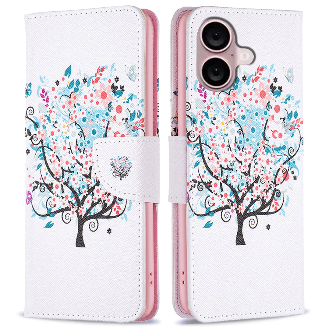 For iPhone 16 Leather Case Pattern Printing Wallet Stand Anti-Fall Phone Cover - Flower Tree