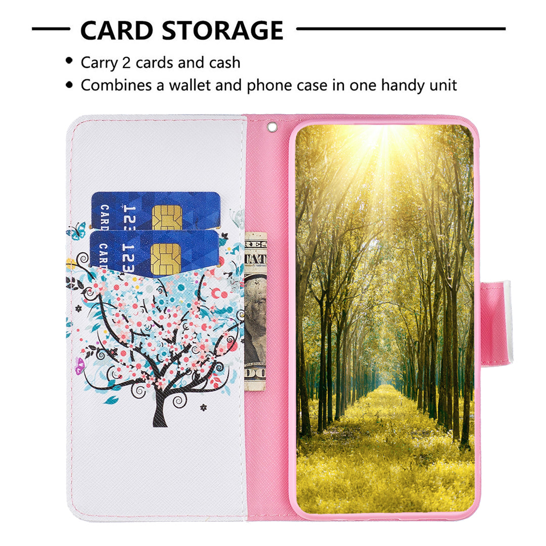 For iPhone 16 Leather Case Pattern Printing Wallet Stand Anti-Fall Phone Cover - Flower Tree