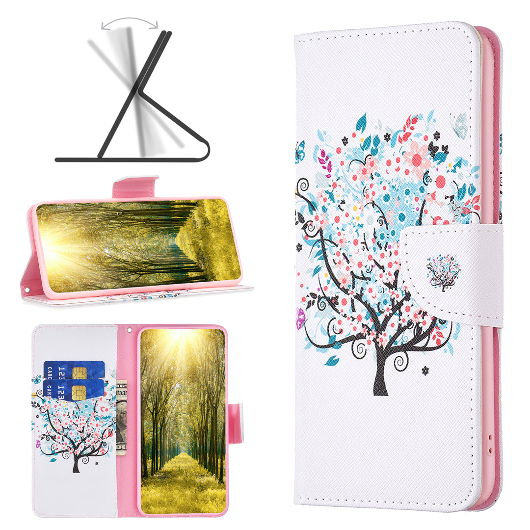 For iPhone 16 Leather Case Pattern Printing Wallet Stand Anti-Fall Phone Cover - Flower Tree