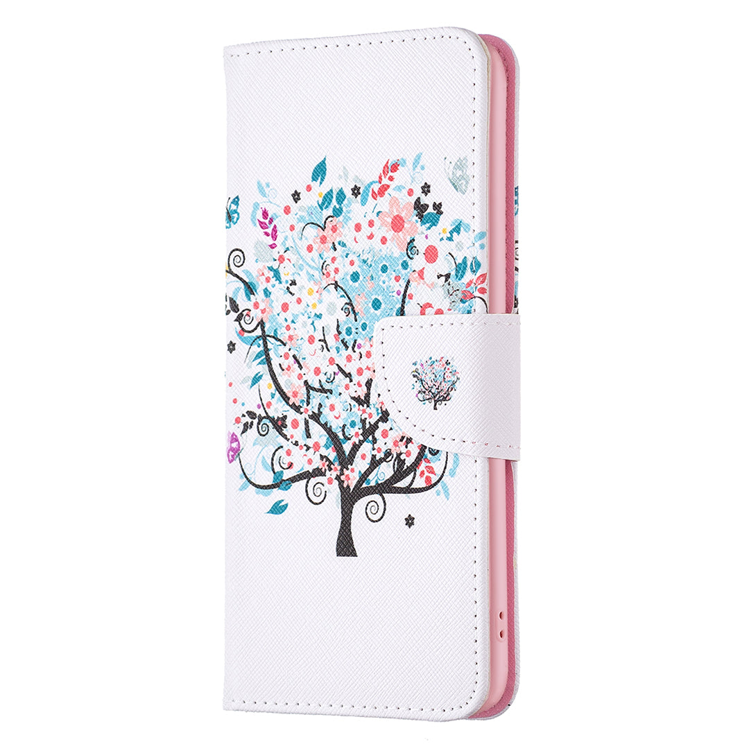 For iPhone 16 Leather Case Pattern Printing Wallet Stand Anti-Fall Phone Cover - Flower Tree