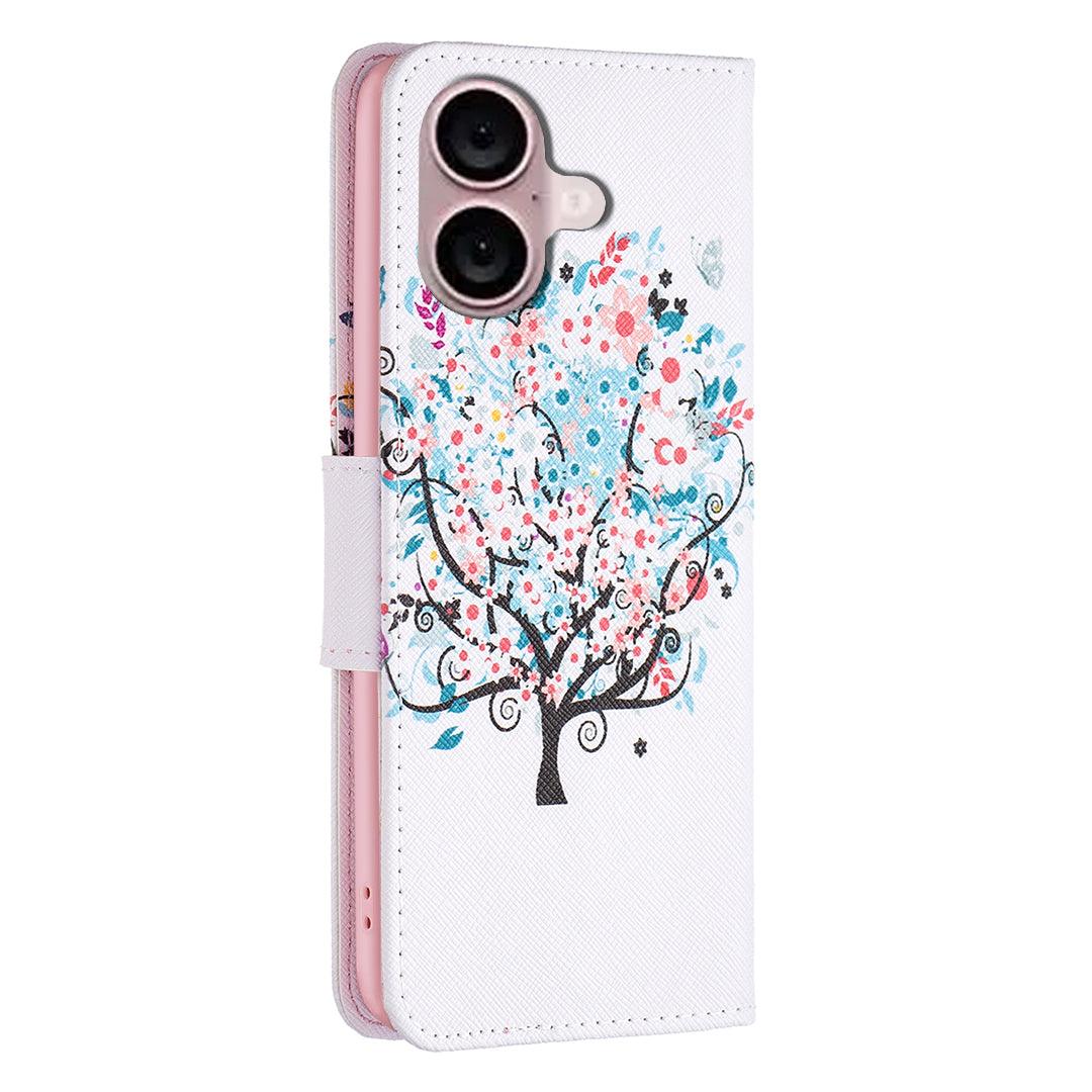 For iPhone 16 Leather Case Pattern Printing Wallet Stand Anti-Fall Phone Cover - Flower Tree