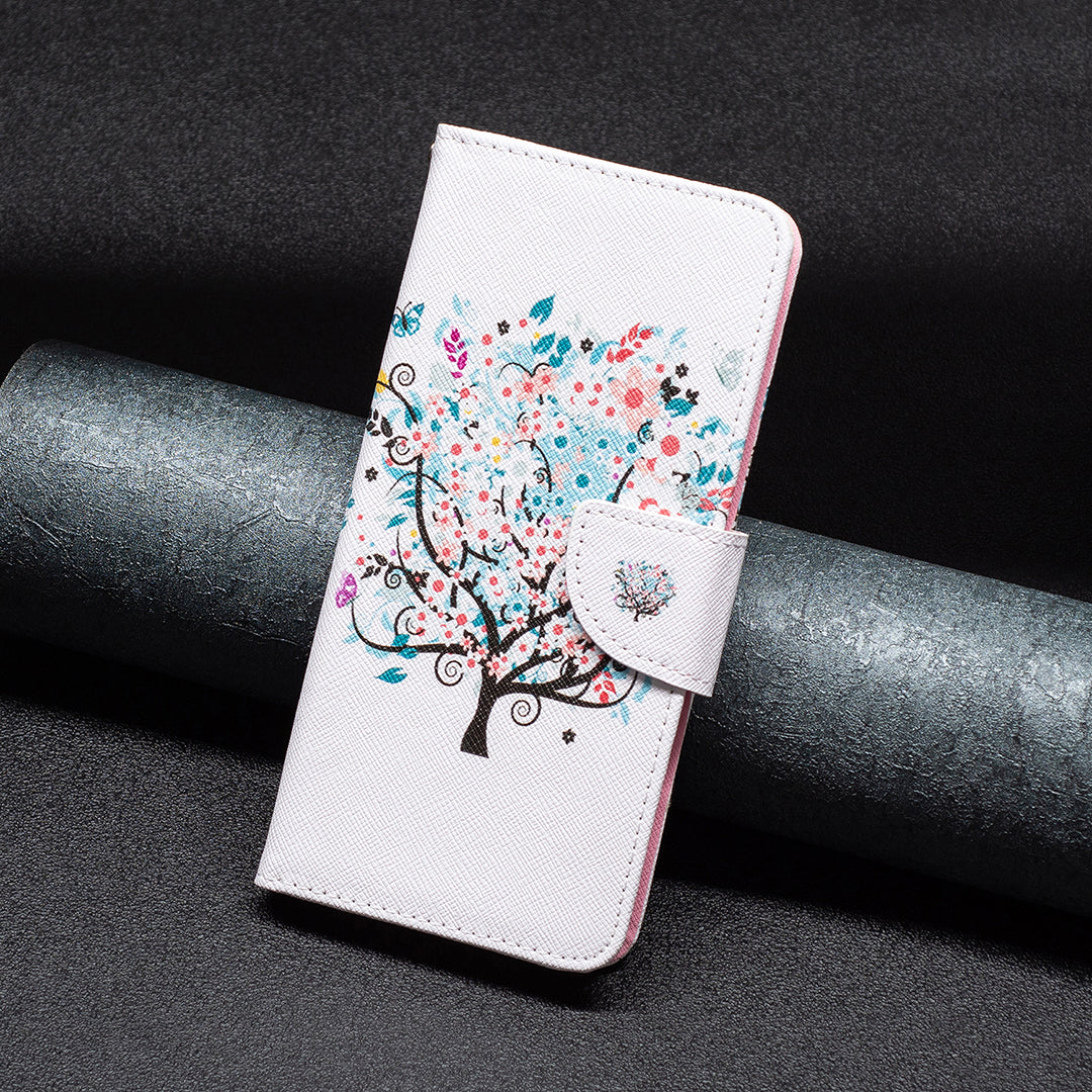 For iPhone 16 Leather Case Pattern Printing Wallet Stand Anti-Fall Phone Cover - Flower Tree