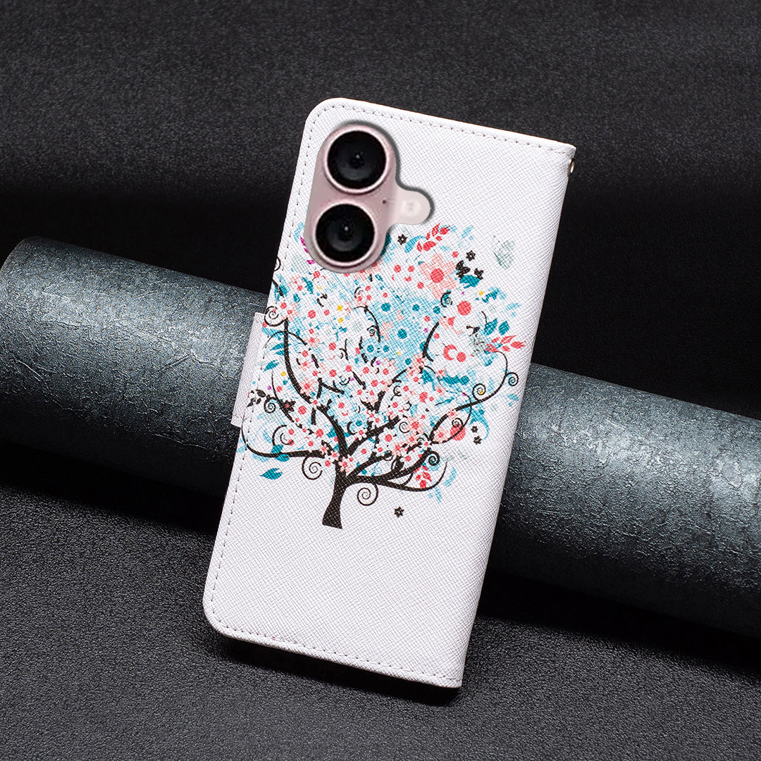 For iPhone 16 Leather Case Pattern Printing Wallet Stand Anti-Fall Phone Cover - Flower Tree