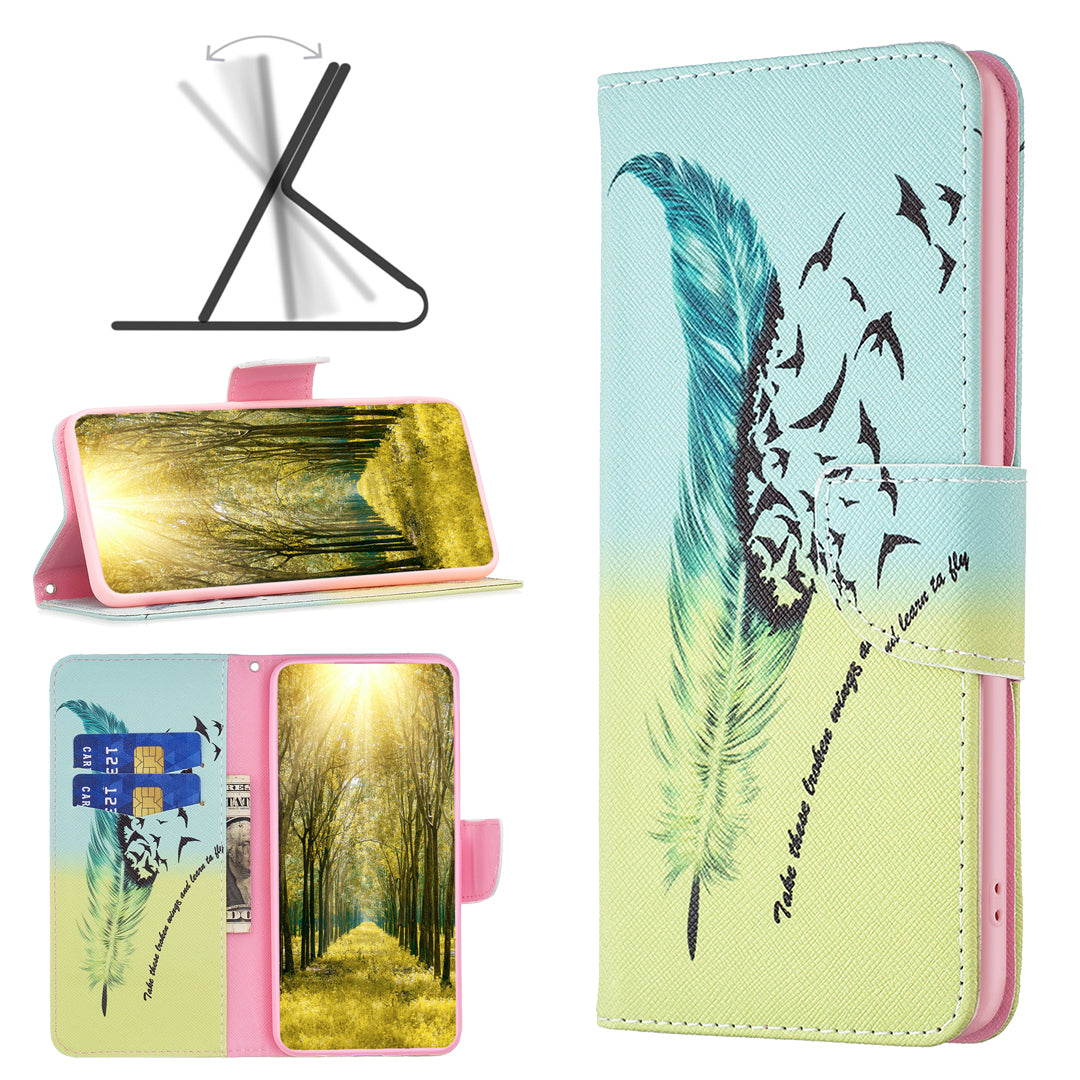 For iPhone 16 Leather Case Pattern Printing Wallet Stand Anti-Fall Phone Cover - Feather and Birds