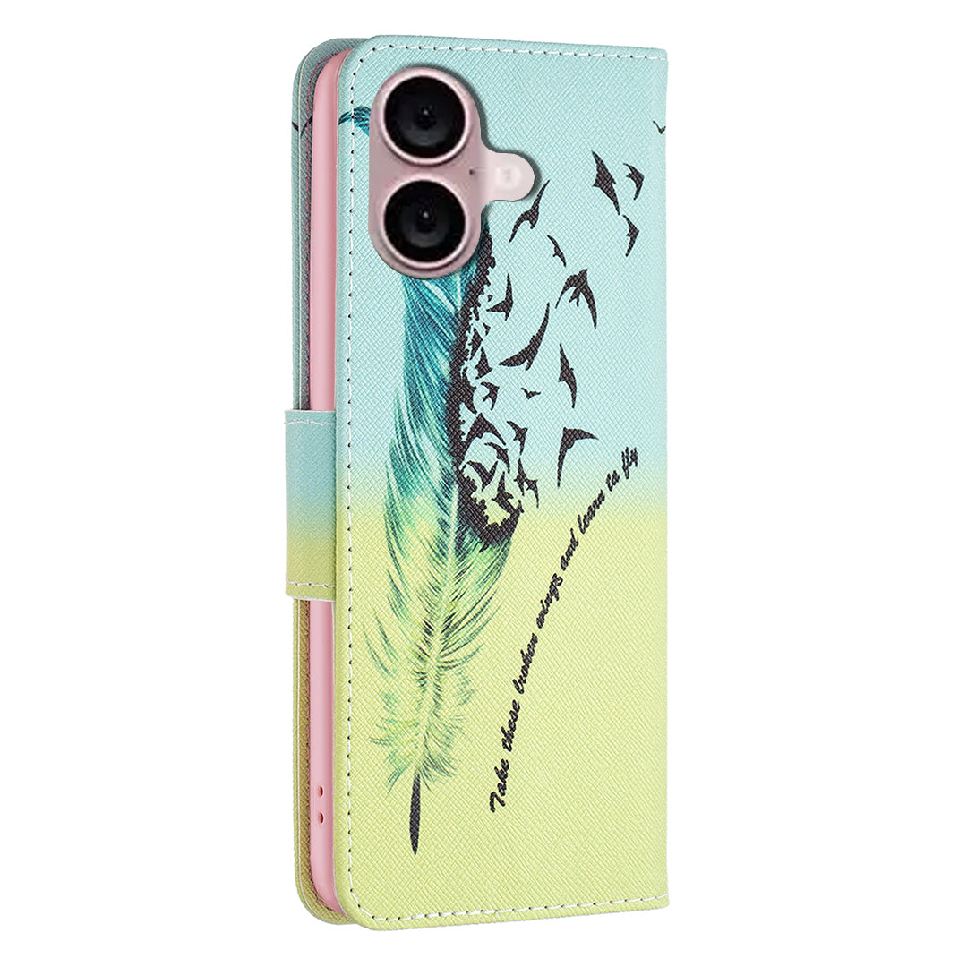 For iPhone 16 Leather Case Pattern Printing Wallet Stand Anti-Fall Phone Cover - Feather and Birds