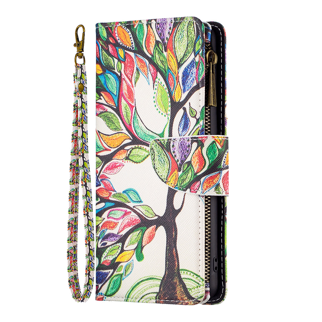 BF03 For iPhone 16 Plus Case Pattern Printing Zipper Leather Phone Stand Cover - Life Tree