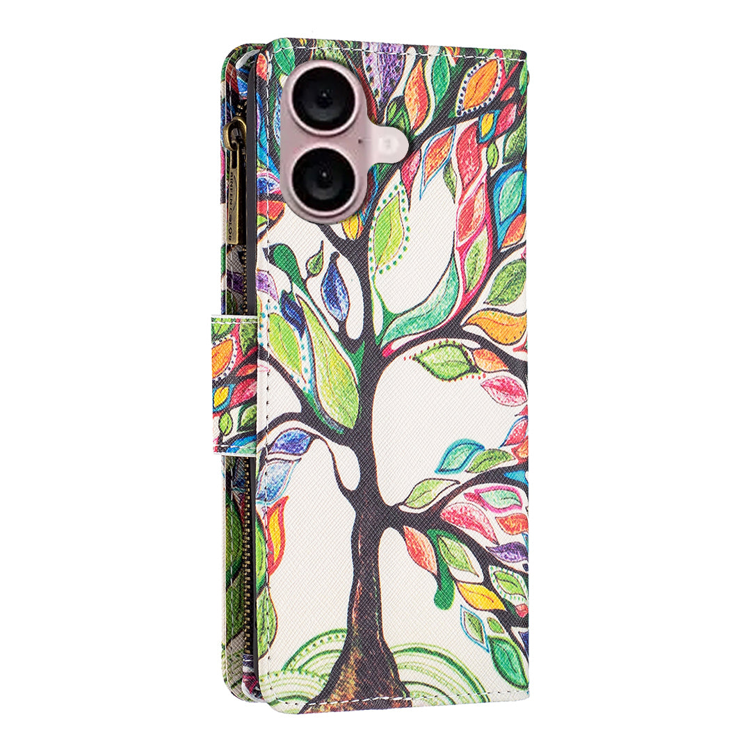 BF03 For iPhone 16 Plus Case Pattern Printing Zipper Leather Phone Stand Cover - Life Tree