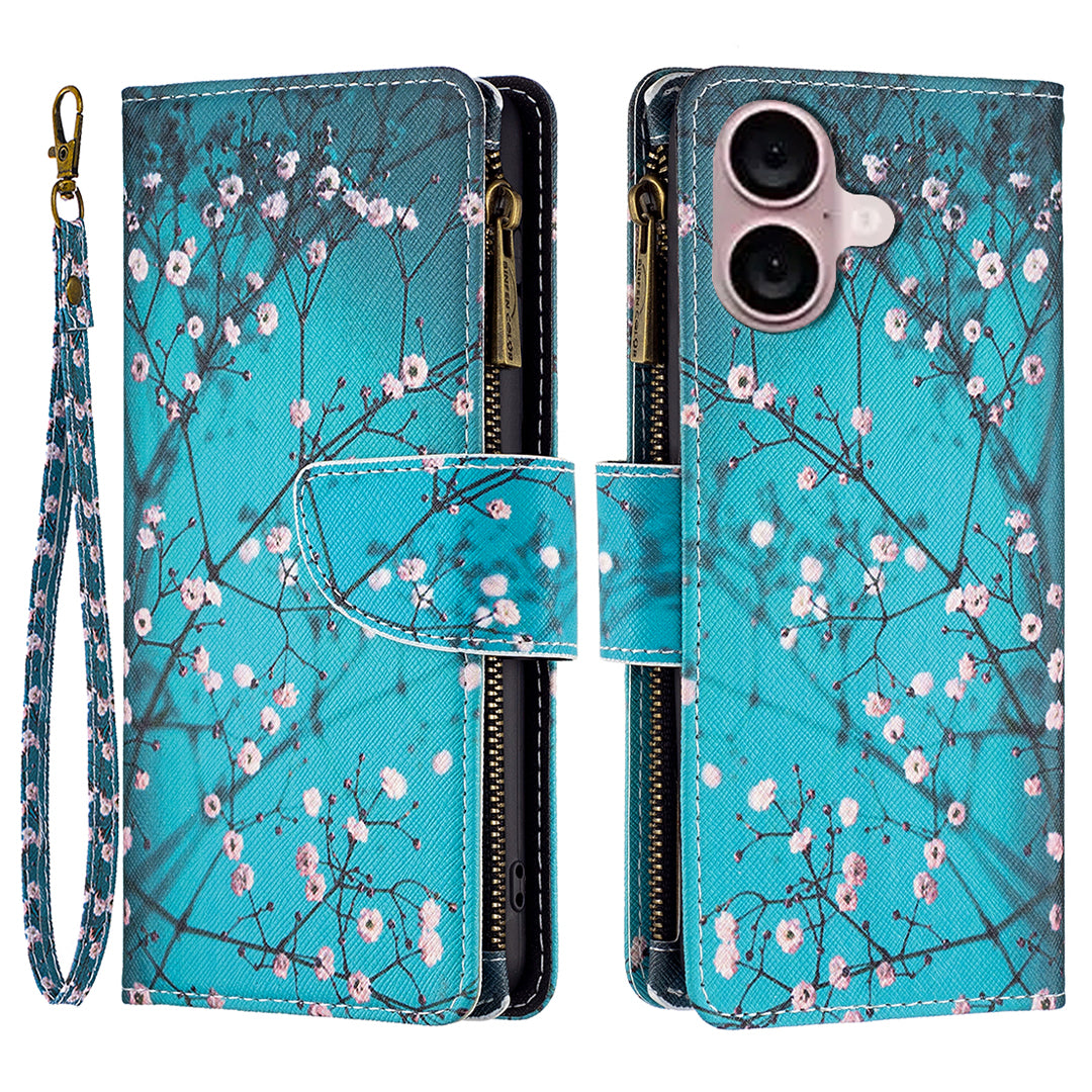 BF03 For iPhone 16 Plus Case Pattern Printing Zipper Leather Phone Stand Cover - Plum Blossom