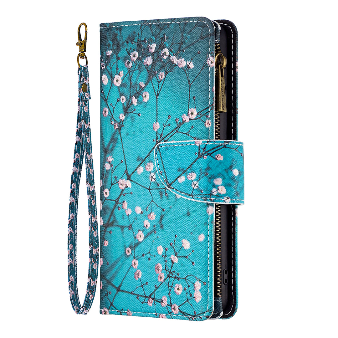 BF03 For iPhone 16 Plus Case Pattern Printing Zipper Leather Phone Stand Cover - Plum Blossom