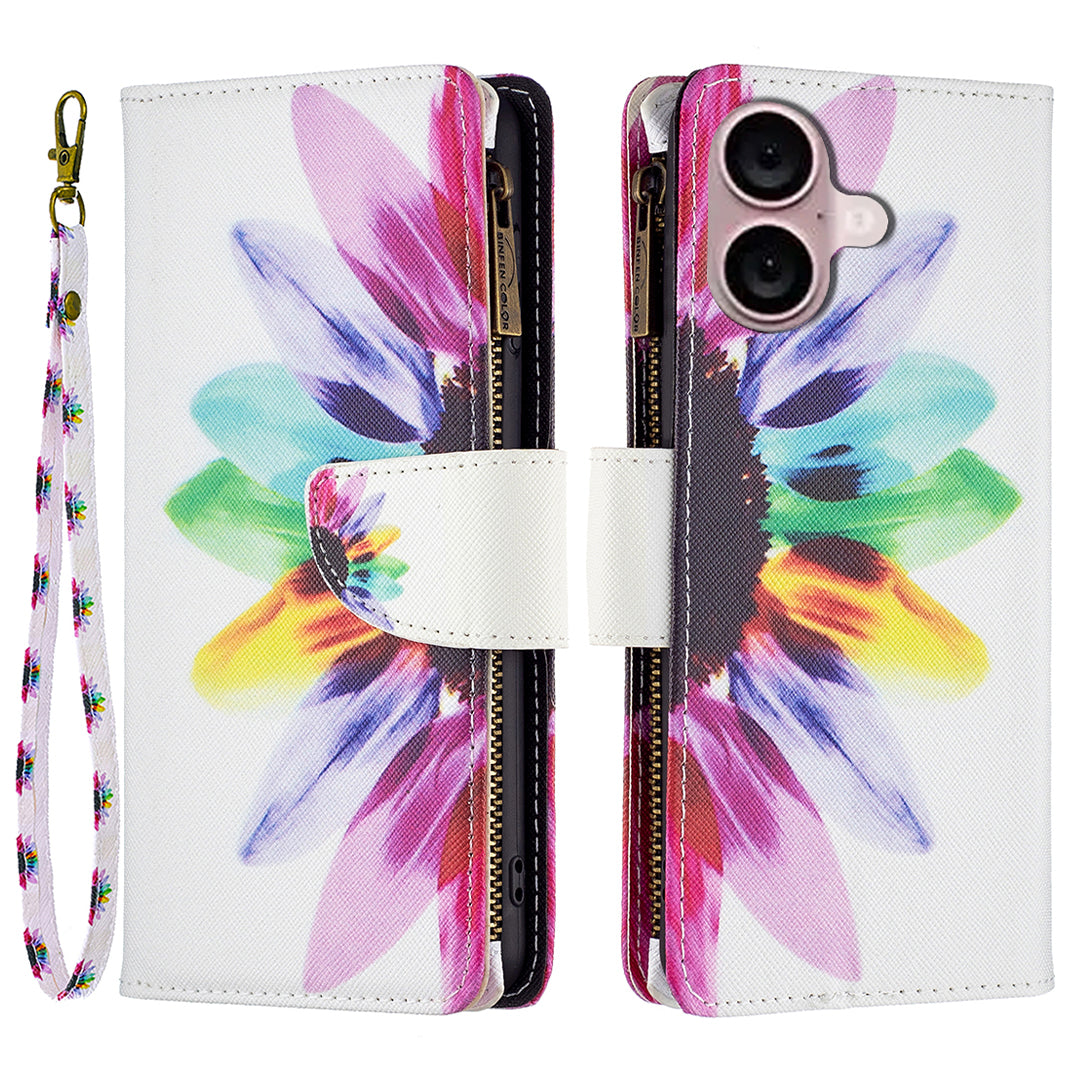 BF03 For iPhone 16 Plus Case Pattern Printing Zipper Leather Phone Stand Cover - Sunflower